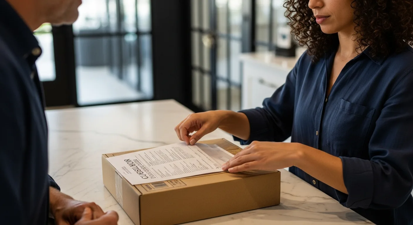 A person preparing paperwork on a parcel at a shipping counter