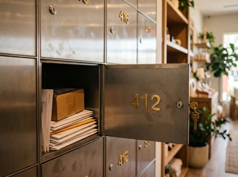 An open private mailbox containing letters and a small parcel