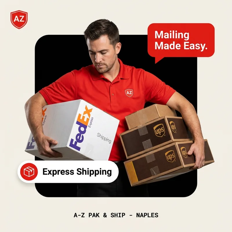 Shipping promotional graphic with a person, parcels and mailing service text